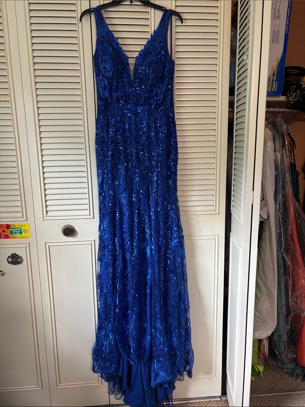 PromGirl Royal Blue Beaded V-Neck Prom Dress